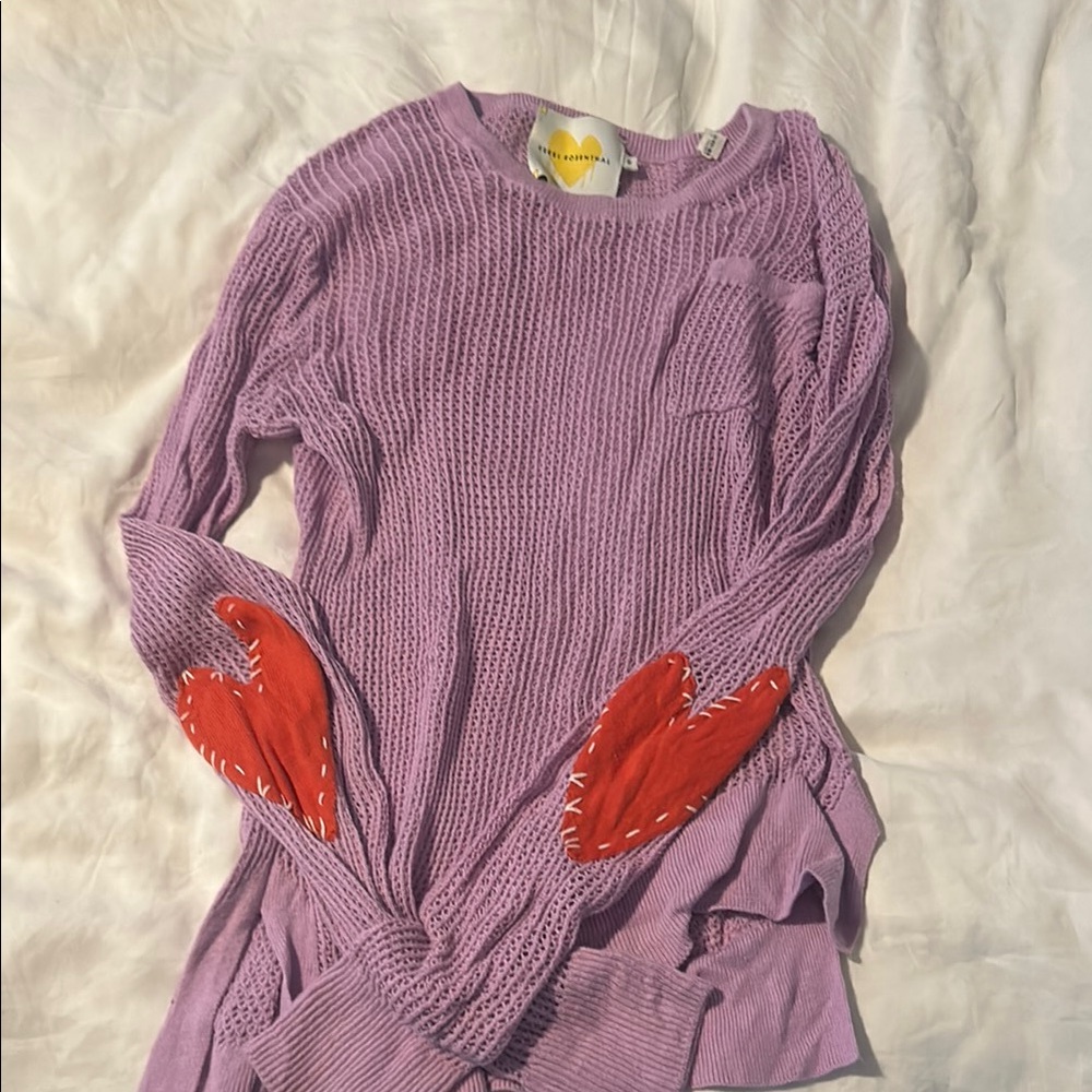 Purple Knit Sweater with Red Heart Elbows